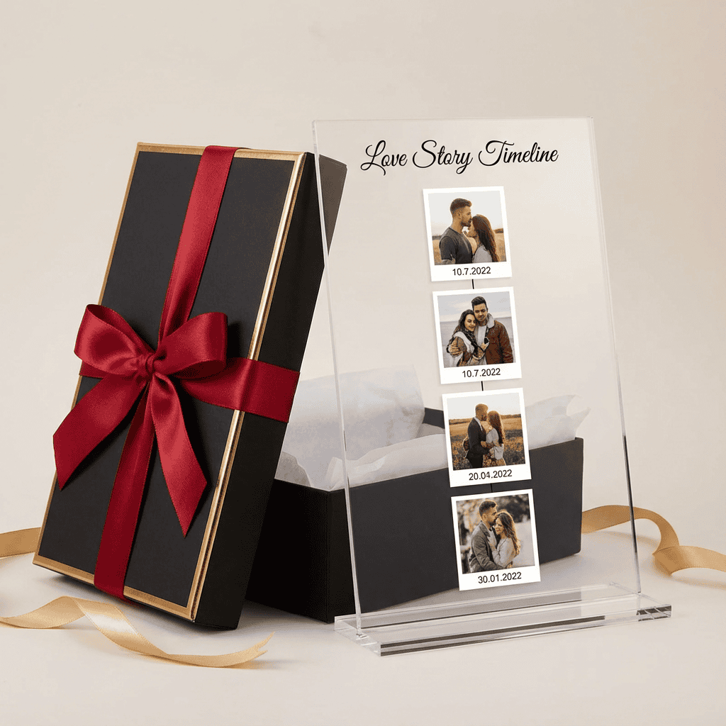 Love Story Timeline auf Acrylglas A4 – Personalisiert mit 4 Fotos
