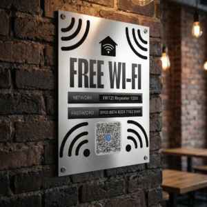Personalisiertes WLAN-Schild aus gebürstetem Aluminium – mit Netzwerkname, Passwort & QR-Code